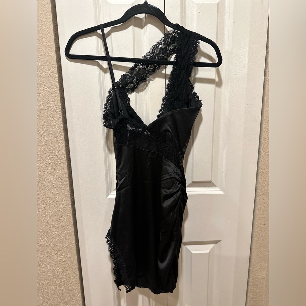 Black Lace-Trim Satin Mini Dress - - Picture 6 of 10